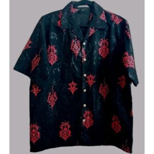 Vtg Street Culture Black Red Asian Influence Button Up Short Sleeve Shirt Mens L